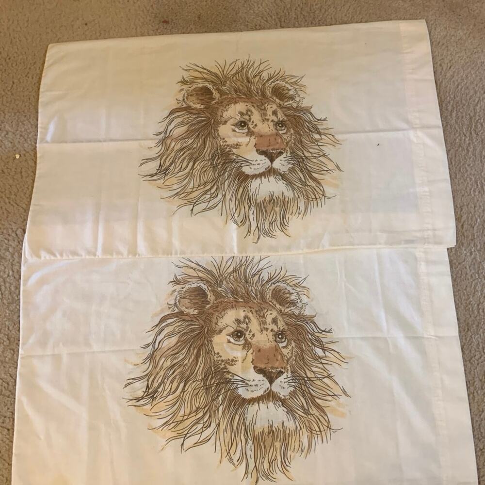 Vintage Pair 70s Lion Pillowcases Safari Bibb Co. Made in USA Muslin King Jungle